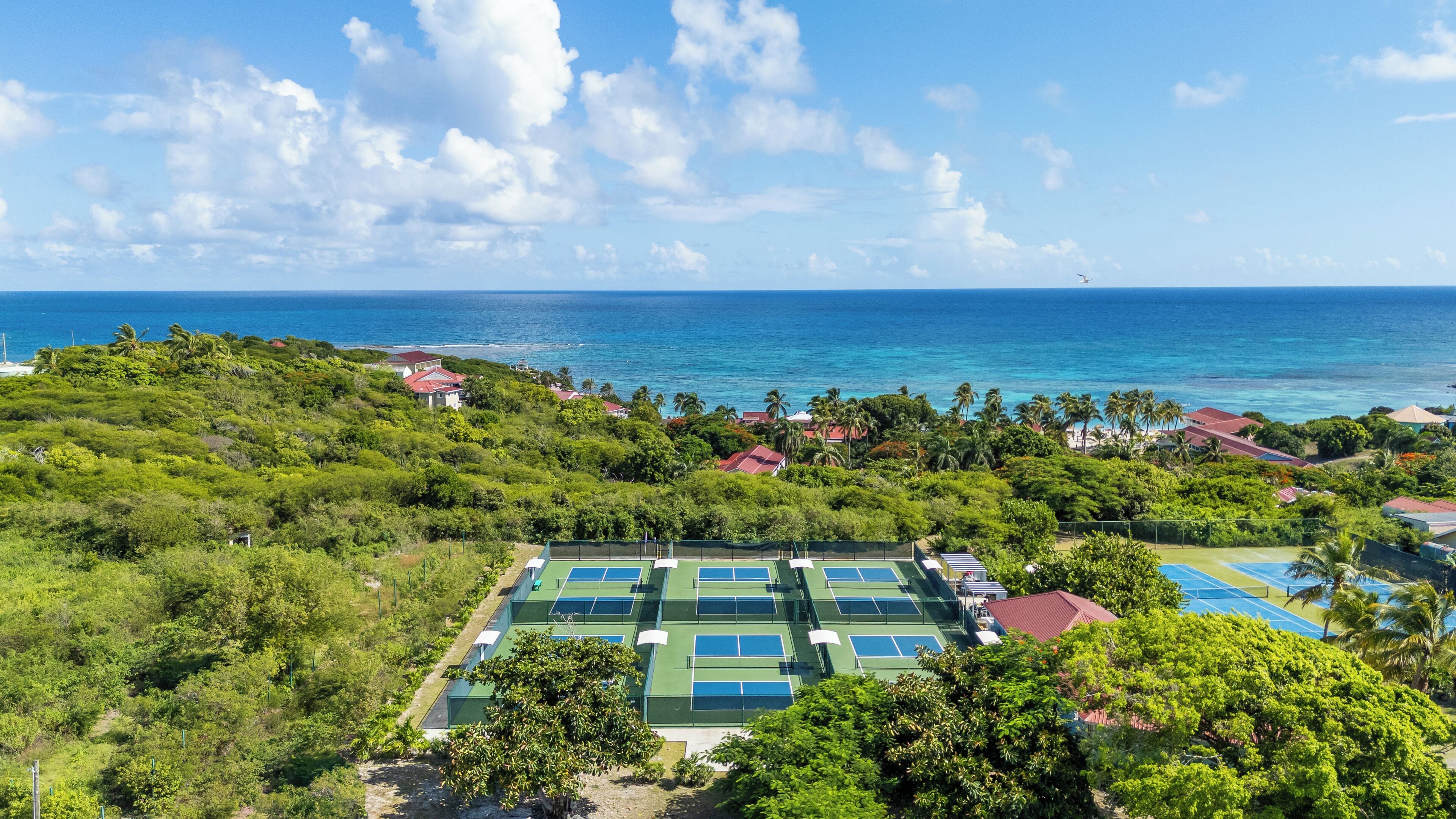 Ein Tennisplatzkomplex mit mehreren Plätzen, umgeben von üppiger Vegetation und Blick auf den Ozean.