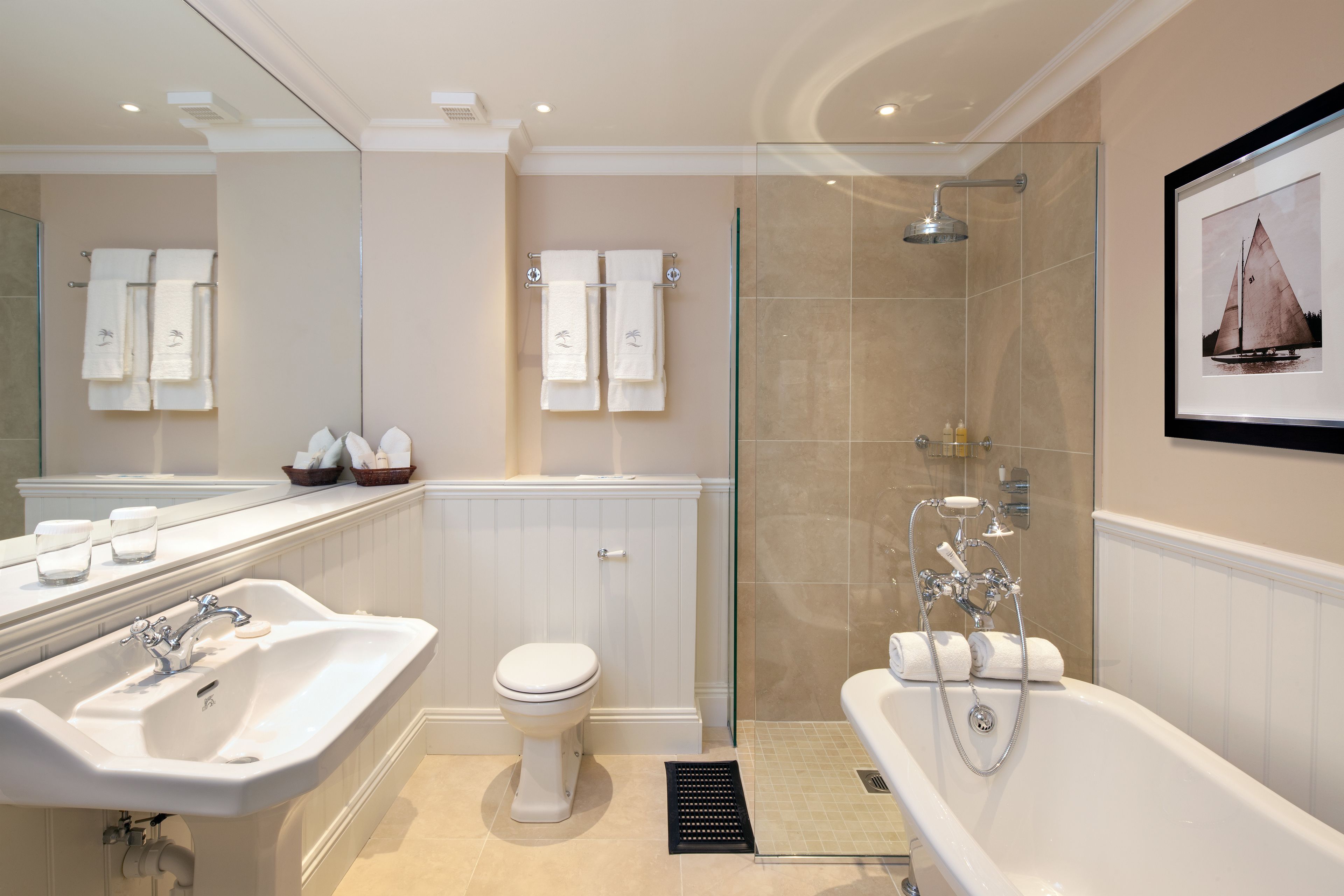 separate bathtub and shower, free toiletries, hair dryer, bathrobes