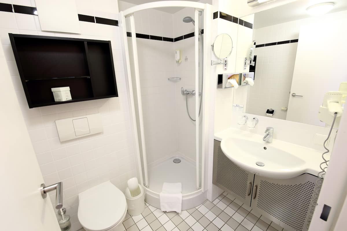 shower, free toiletries, hair dryer, towels