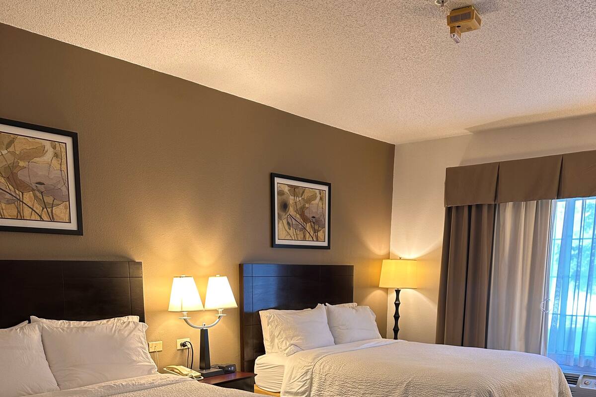 A hotel room with two beds, a dark headboard, a wall-mounted projector, and a window with curtains.