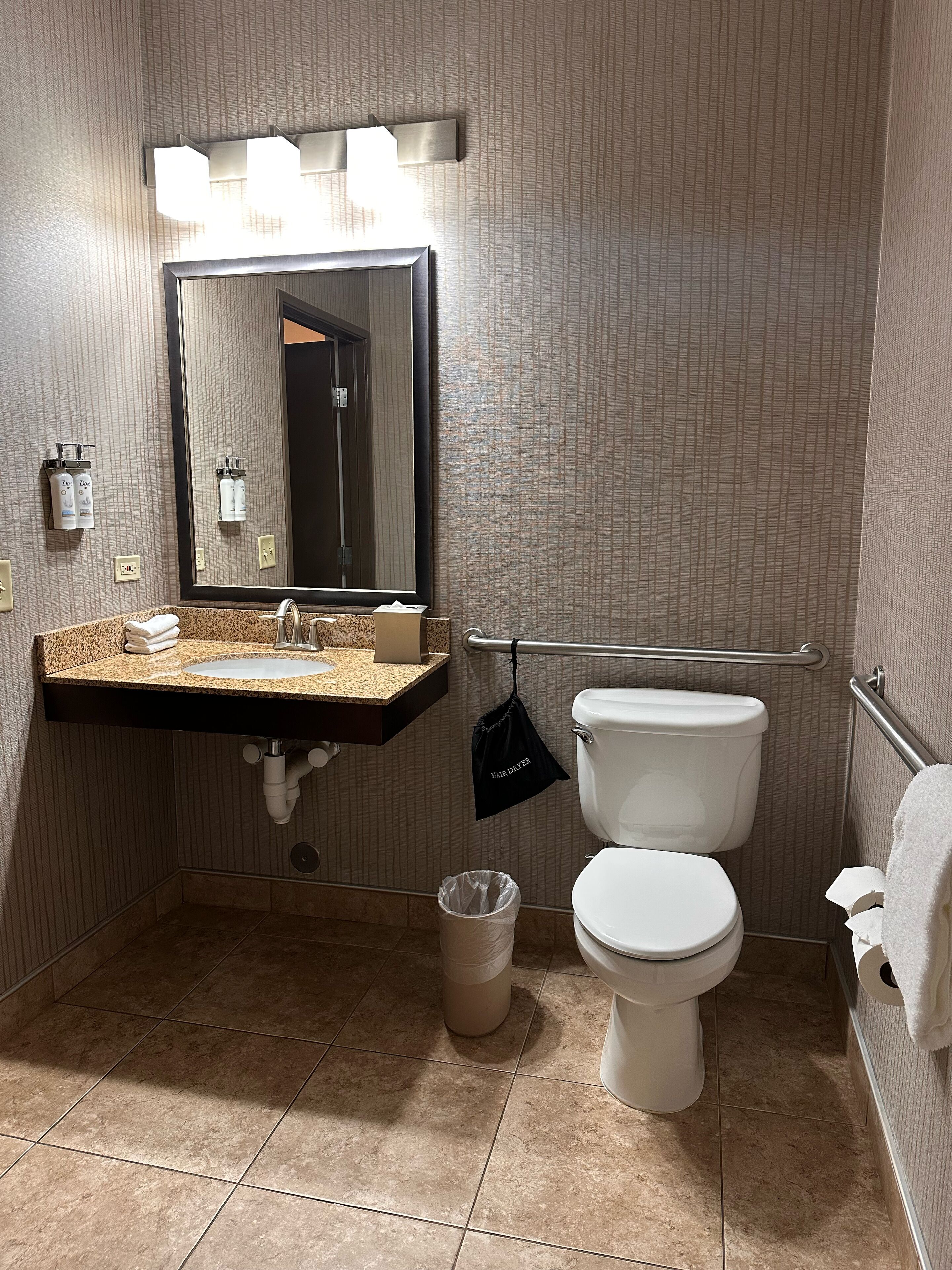 free toiletries, hair dryer, towels