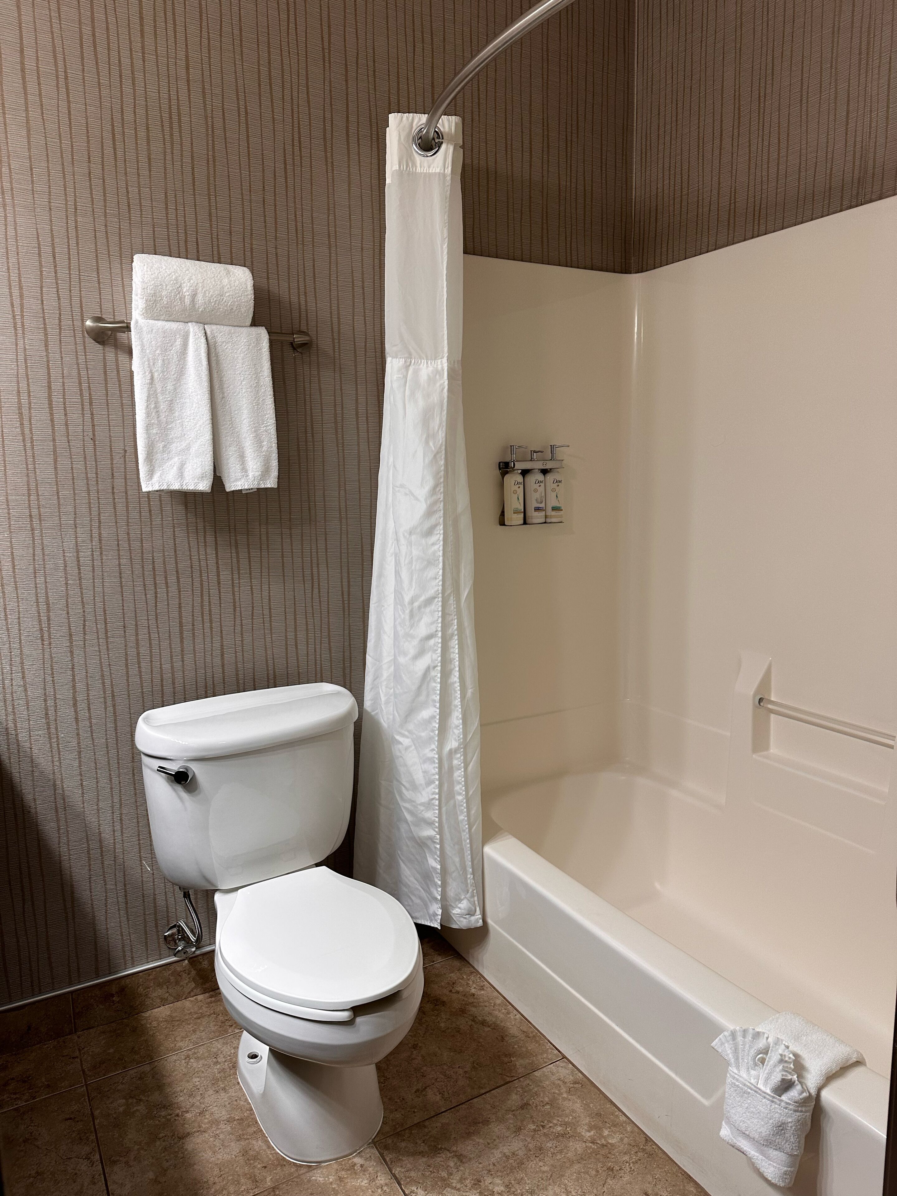 A bathroom with a toilet, a bathtub, and a shower curtain.