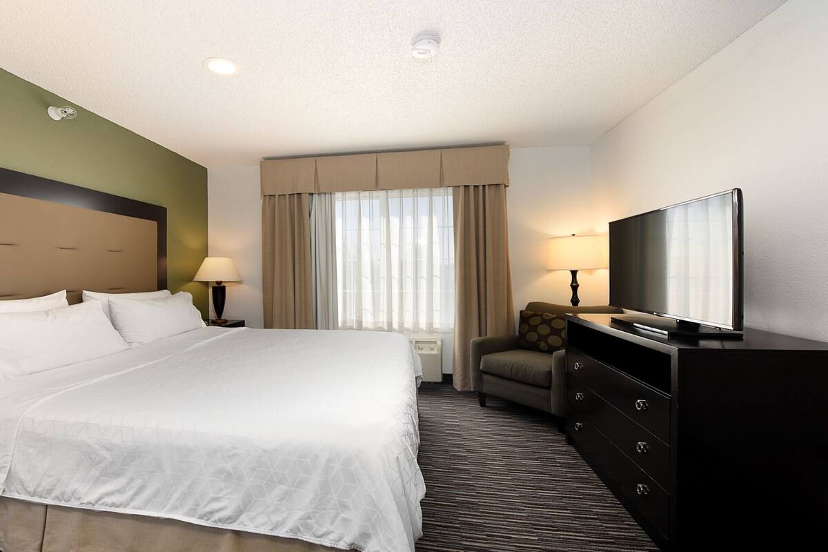 A hotel room with a large bed, a television, a desk with a lamp, and a chair.