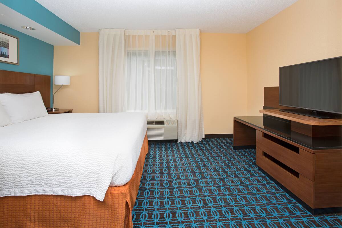 Une chambre d’hôtel avec un lit, une télévision, un bureau et une moquette à motifs.