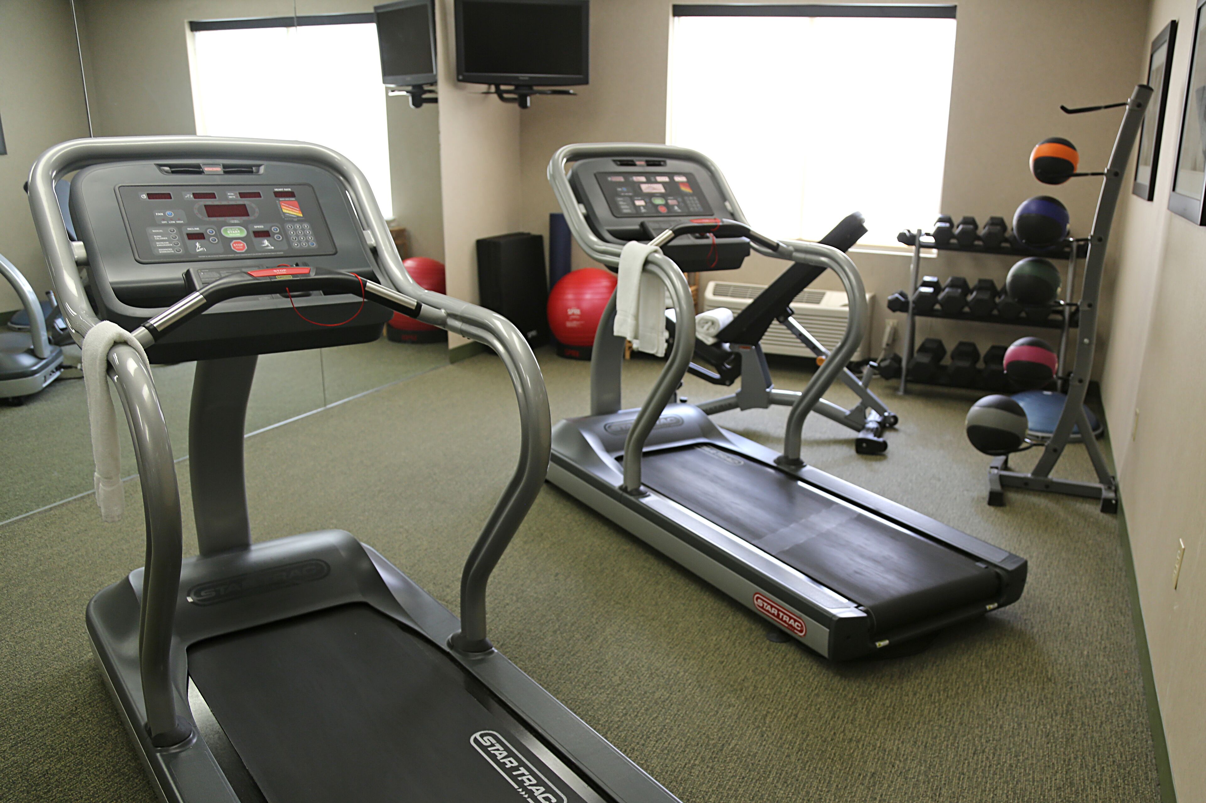 A gym with treadmills, exercise balls, and dumbbells.