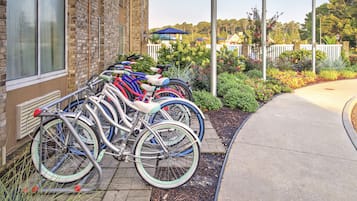 A row of bicycles parked outside a building with a brick facade, a sidewalk, and a landscaped garden area with various plants and flowers.