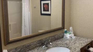 Combined shower/tub, free toiletries, hair dryer, towels