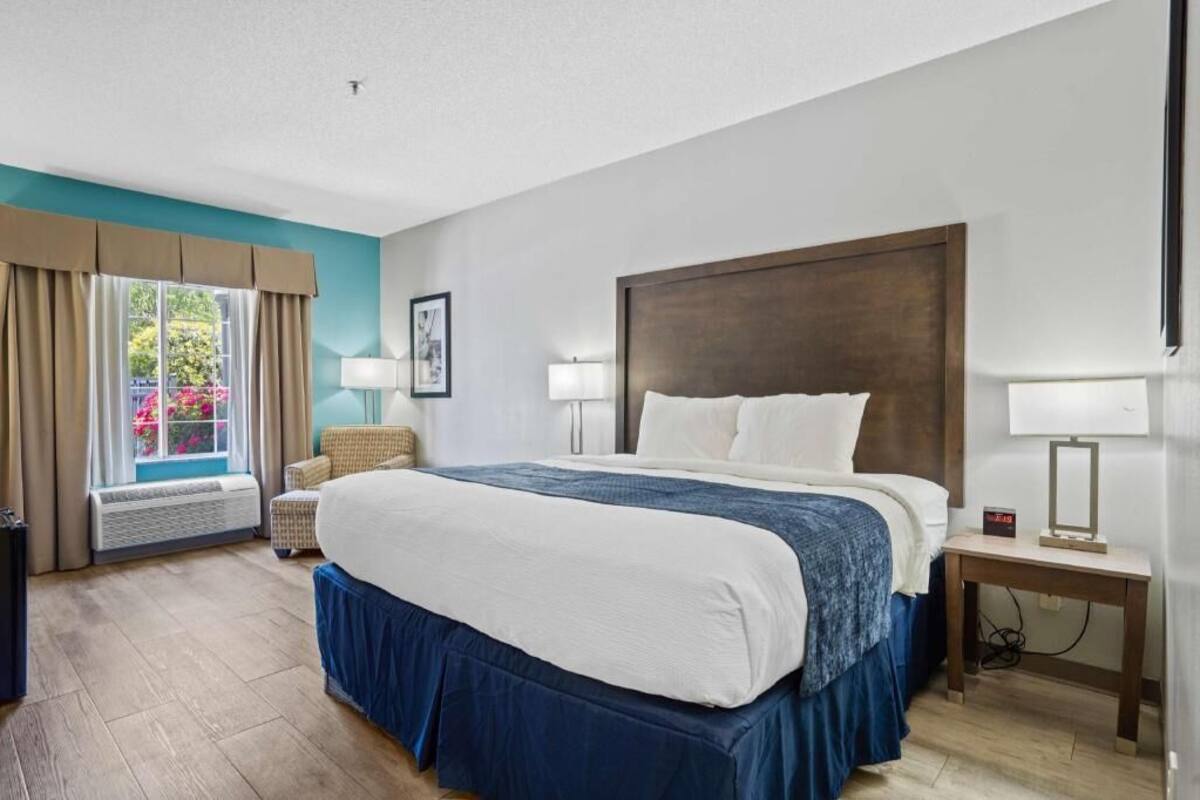 Een hotelkamer met een groot bed, een raam met gordijnen, een stoel en een nachtkastje met een lamp.