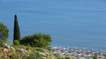 On the beach, beach umbrellas, beach towels, beach bar