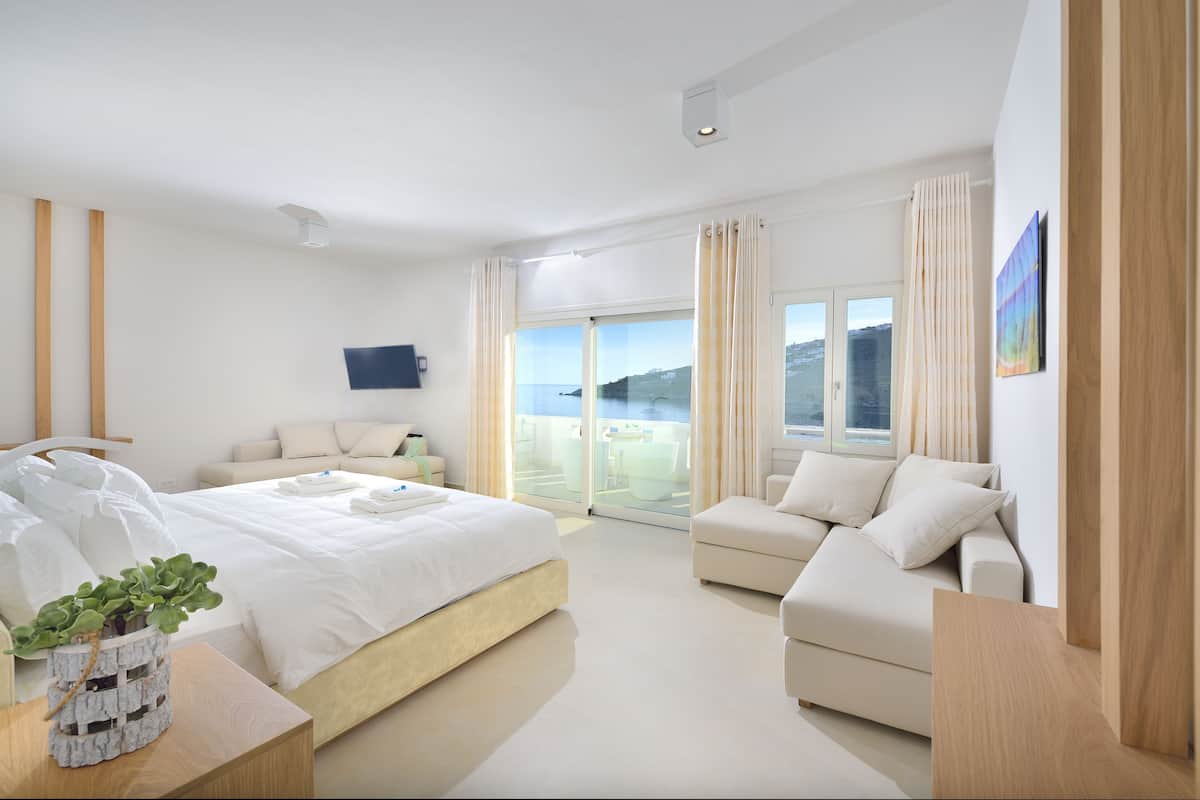nissaki vip suite with indoor and outdoor hot tub, sea view | 2 bedrooms, minibar, in-room safe, individually decorated