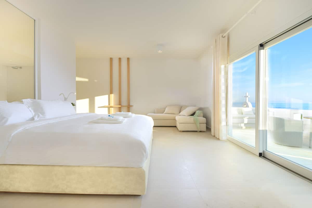 nissaki vip suite with indoor and outdoor hot tub, sea view | 2 bedrooms, minibar, in-room safe, individually decorated