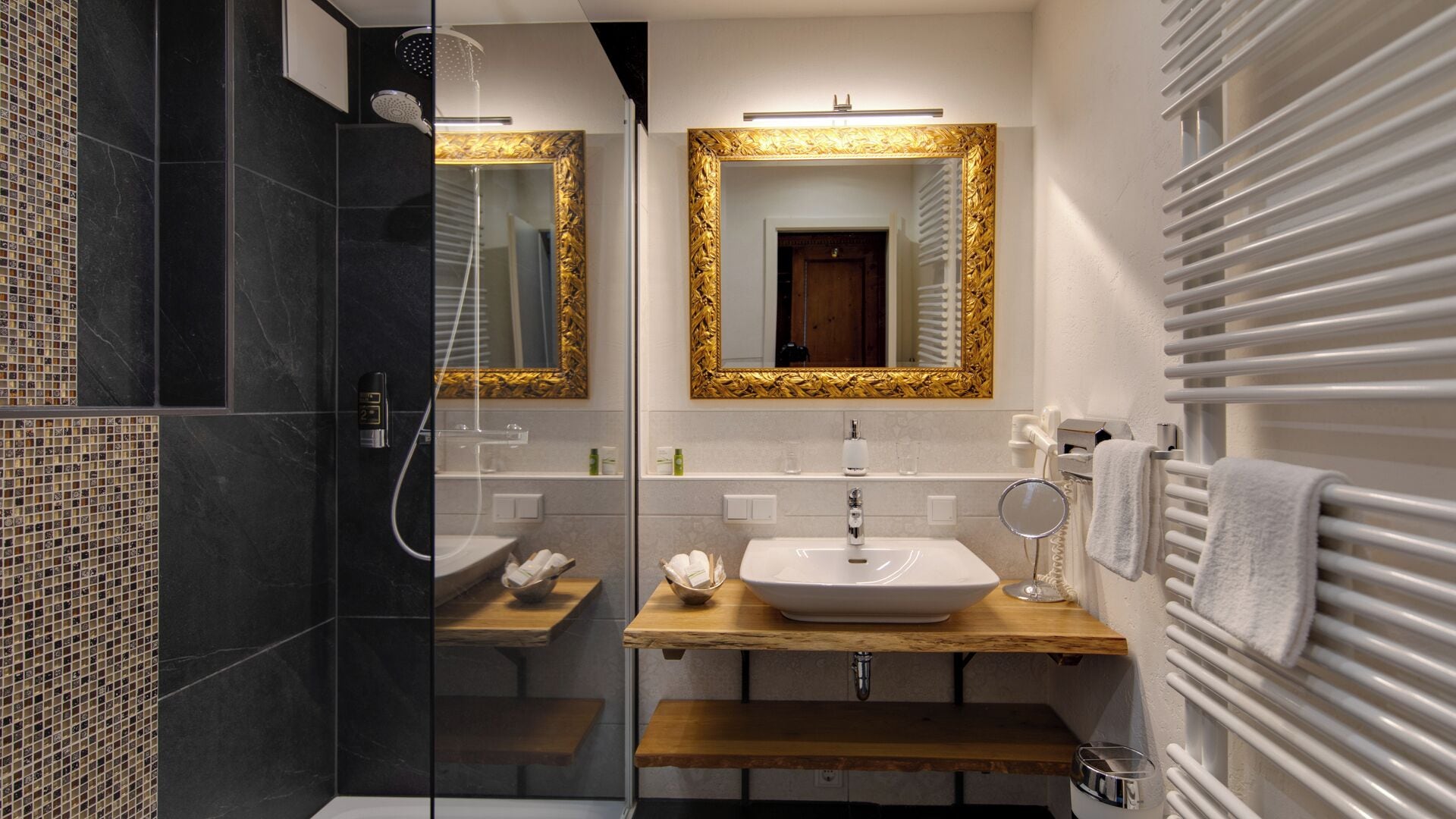 Shower, hair dryer, bathrobes, towels