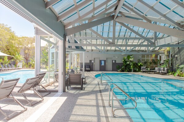 Indoor pool, outdoor pool, pool loungers