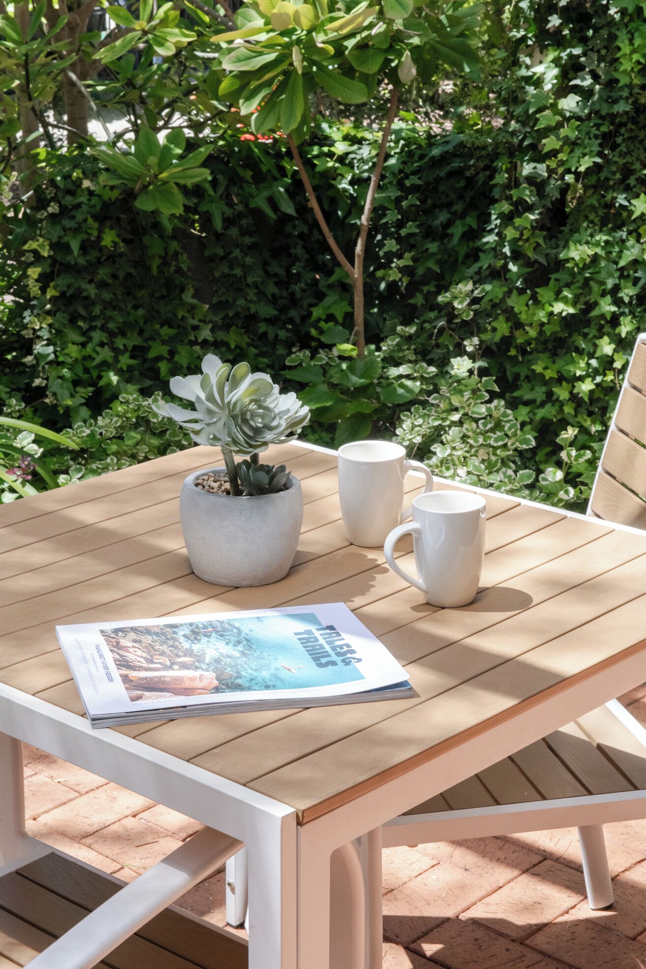 A wooden table with a potted plant, two white mugs, and a magazine.