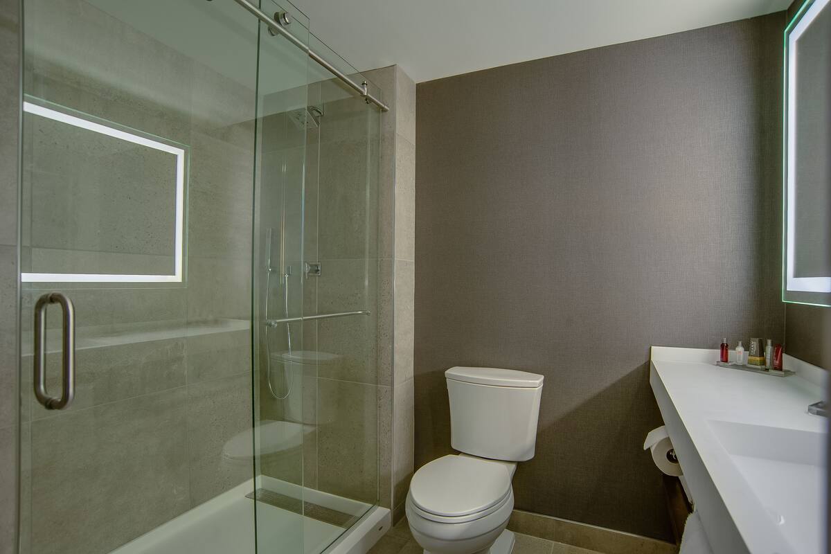 A bathroom with a glass-enclosed shower, a toilet, and a sink with toiletries.