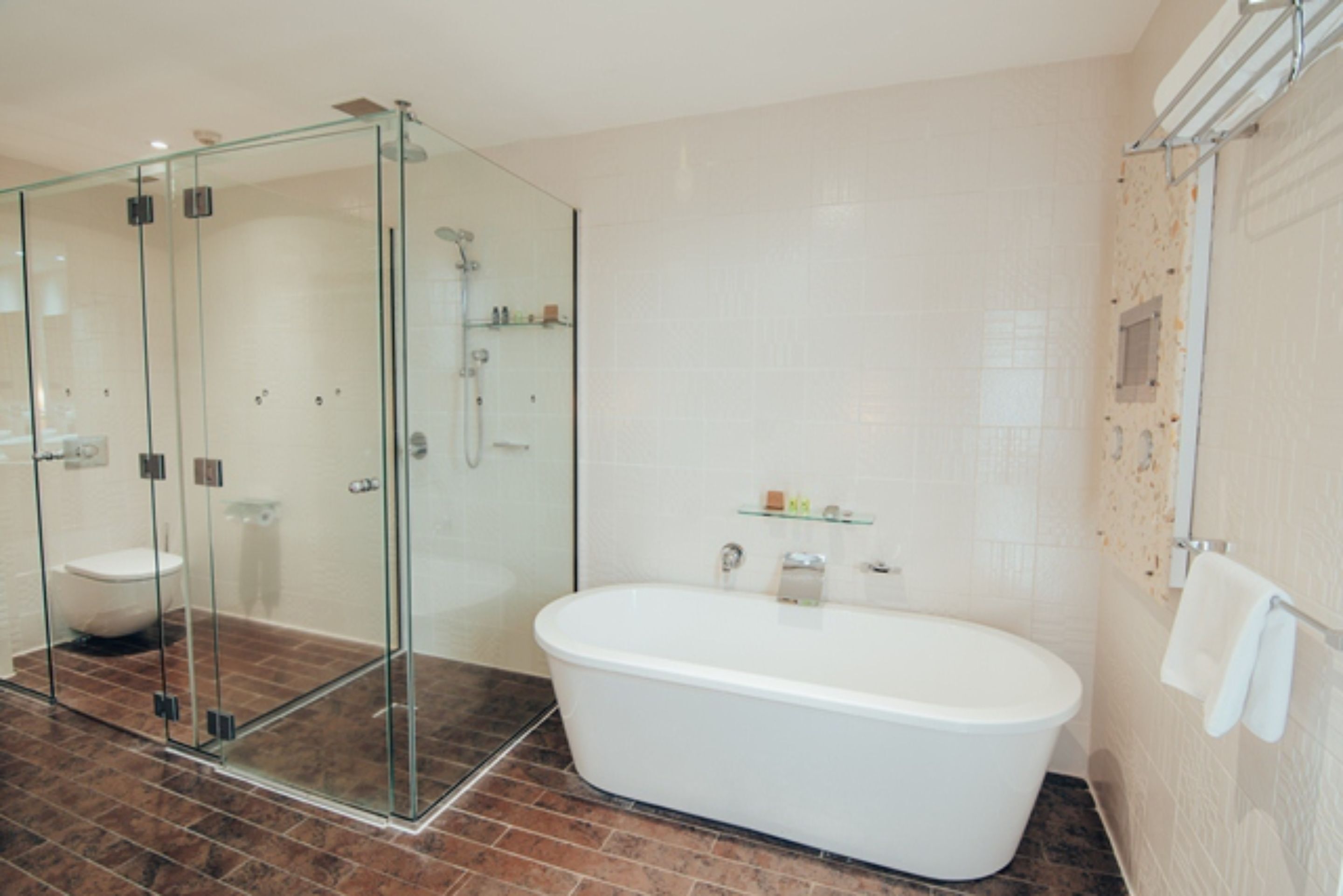 Une salle de bain moderne avec une douche à parois de verre, une baignoire sur pieds et des toilettes.