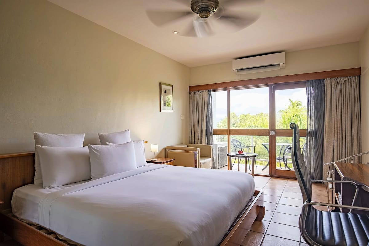 A hotel room with a large bed, a ceiling fan, an air conditioning unit, a balcony with a table and chairs, and a view of greenery outside.