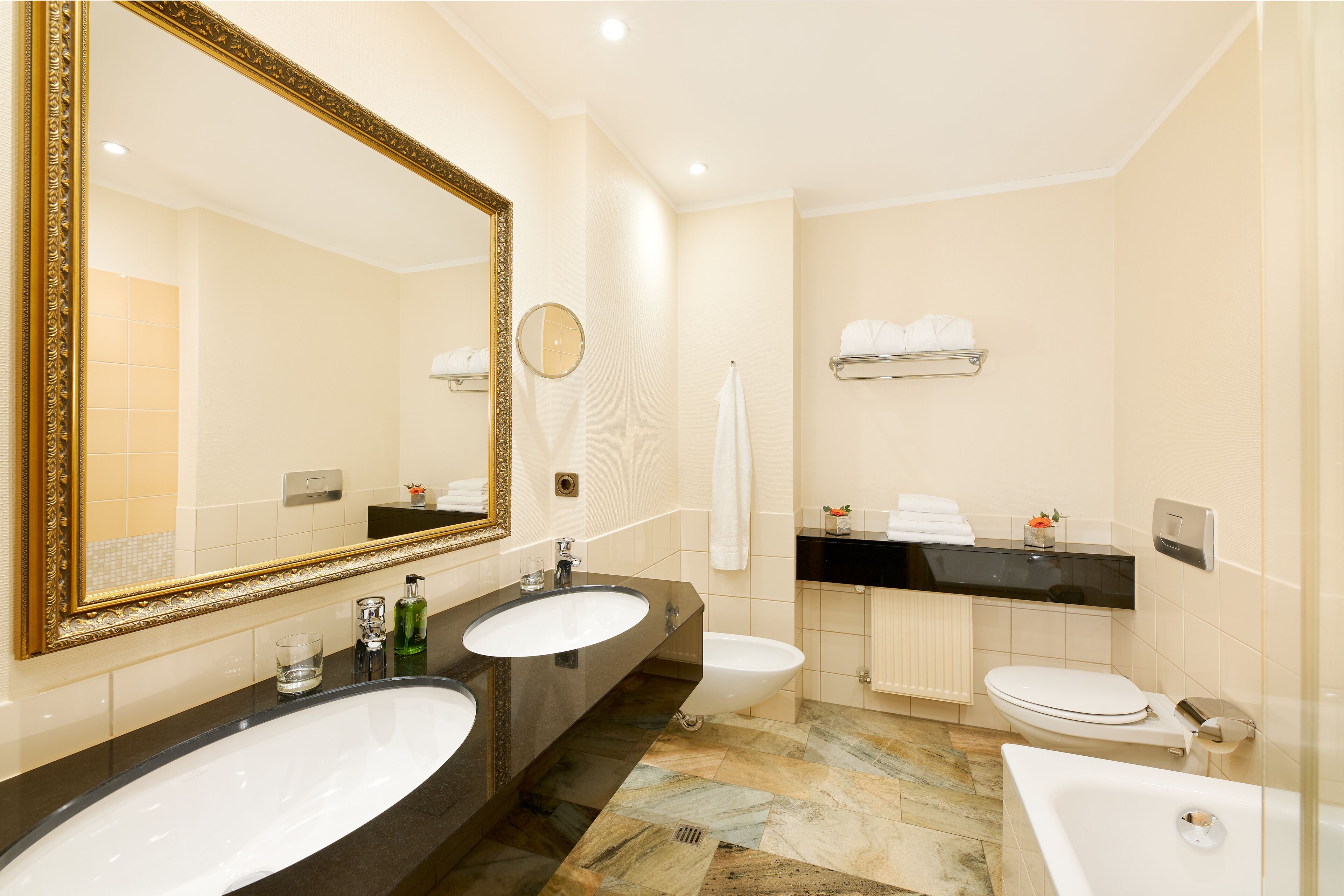 free toiletries, hair dryer, bathrobes, slippers