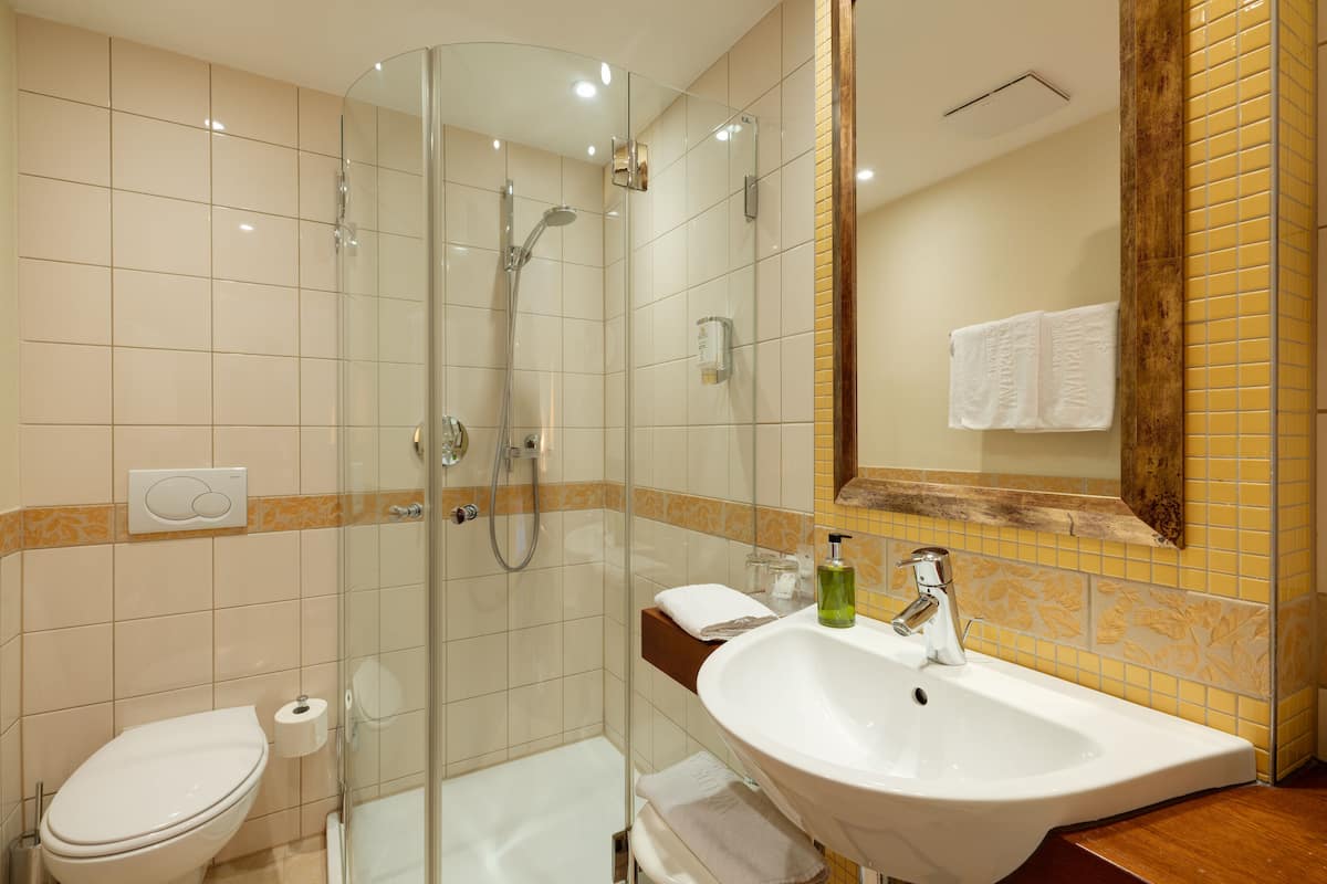 A bathroom with a glass-enclosed shower, a white sink, and a toilet.