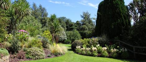 A well-maintained garden with a variety of plants and a wooden fence.