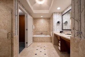 Separate bathtub and shower, deep-soaking bathtub, designer toiletries