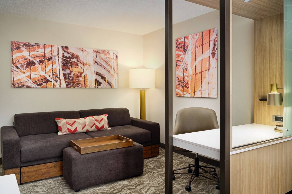 Una habitación de hotel moderna con un sofá gris, una mesita de madera, un escritorio con una silla y arte abstracto en las paredes.