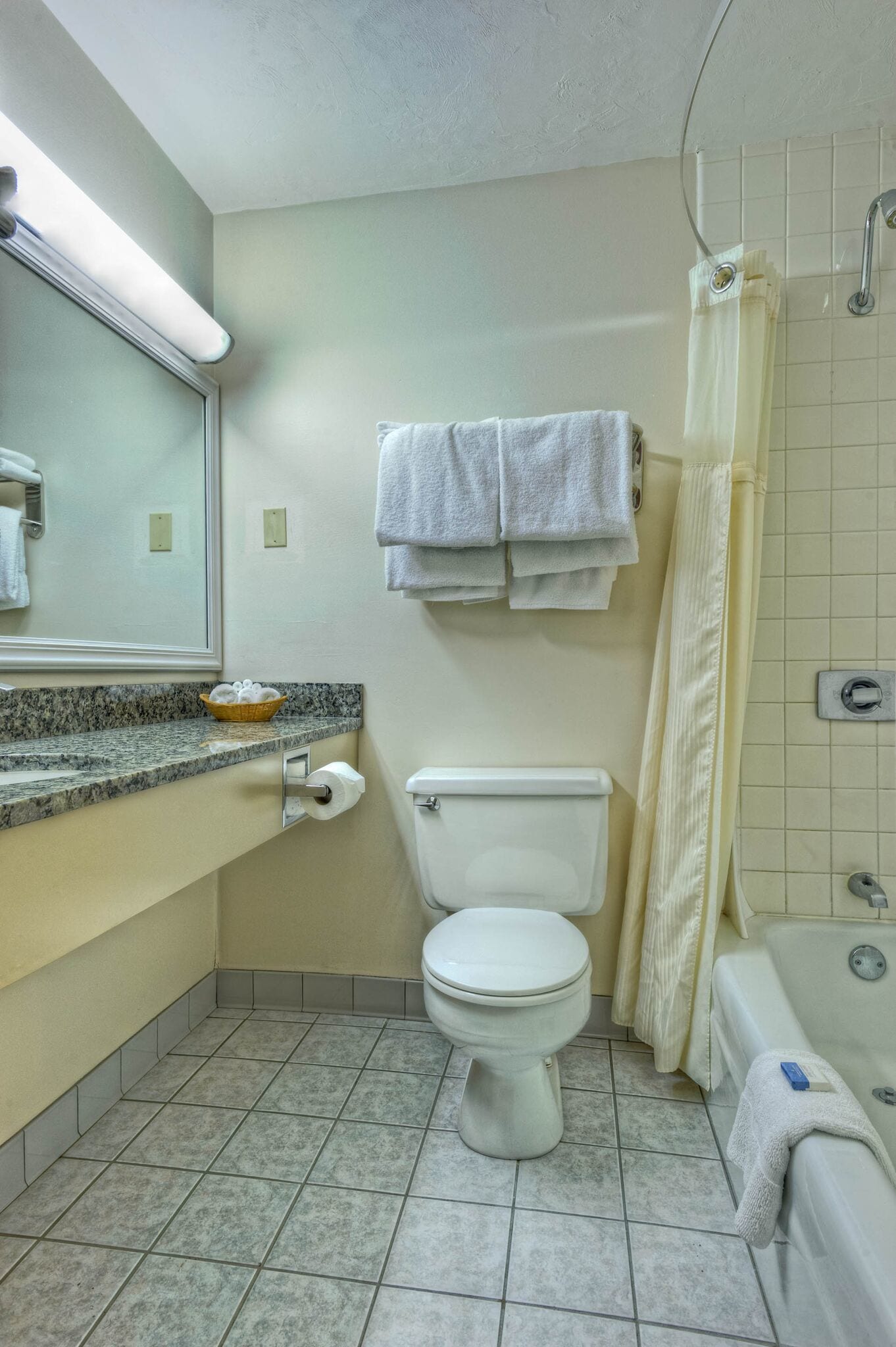 combined shower/bathtub, free toiletries, hair dryer, towels
