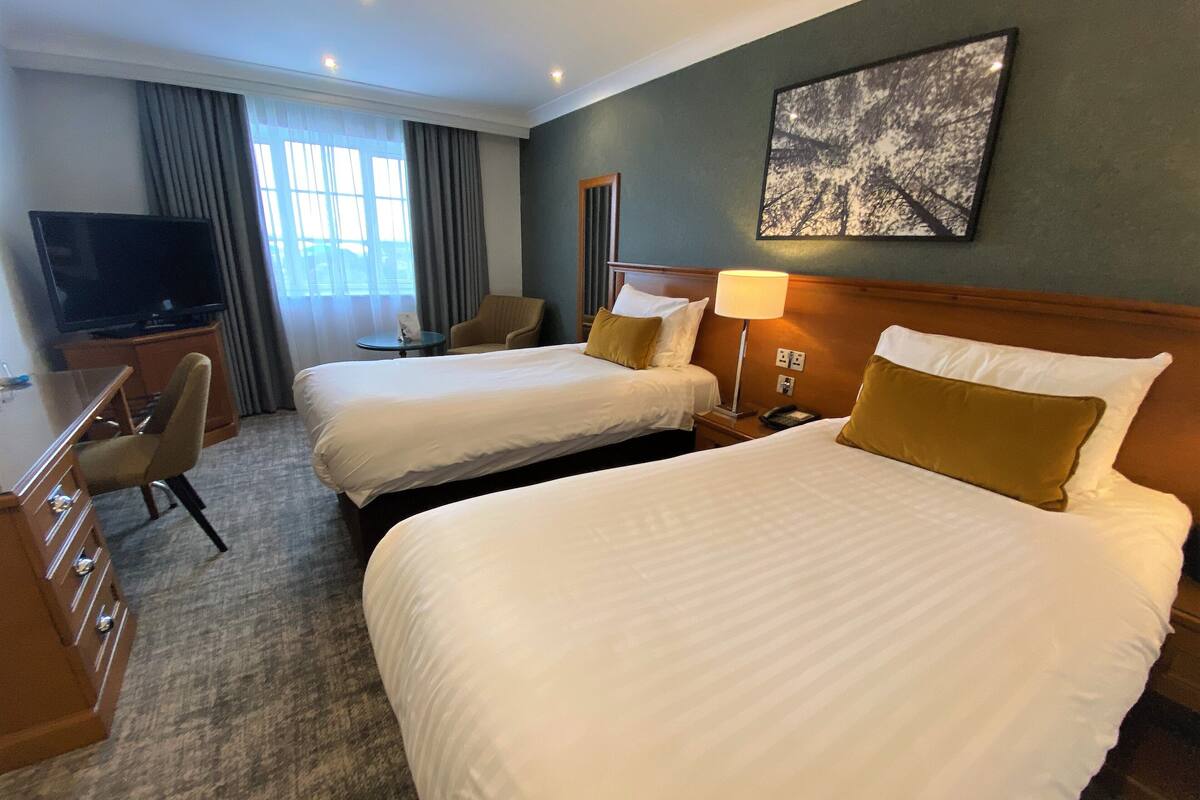 A hotel room with two beds, a desk, a TV, and a painting on the wall.