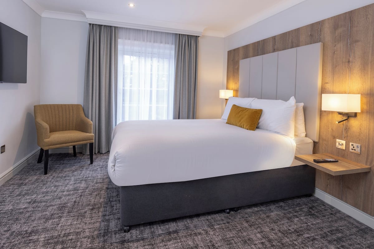 A hotel room with a large bed, a chair, a TV, and a wooden accent wall.