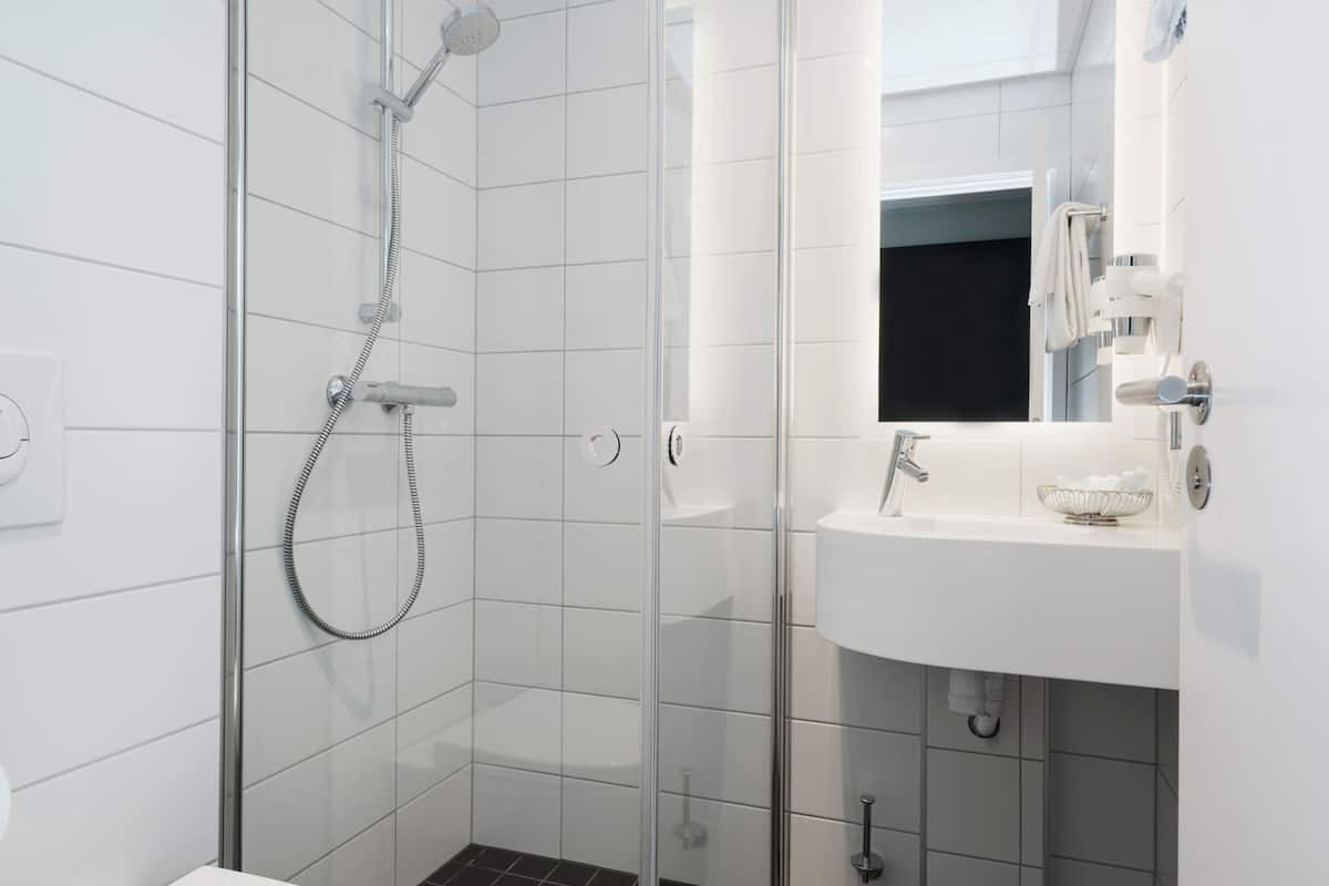 shower, free toiletries, hair dryer, towels