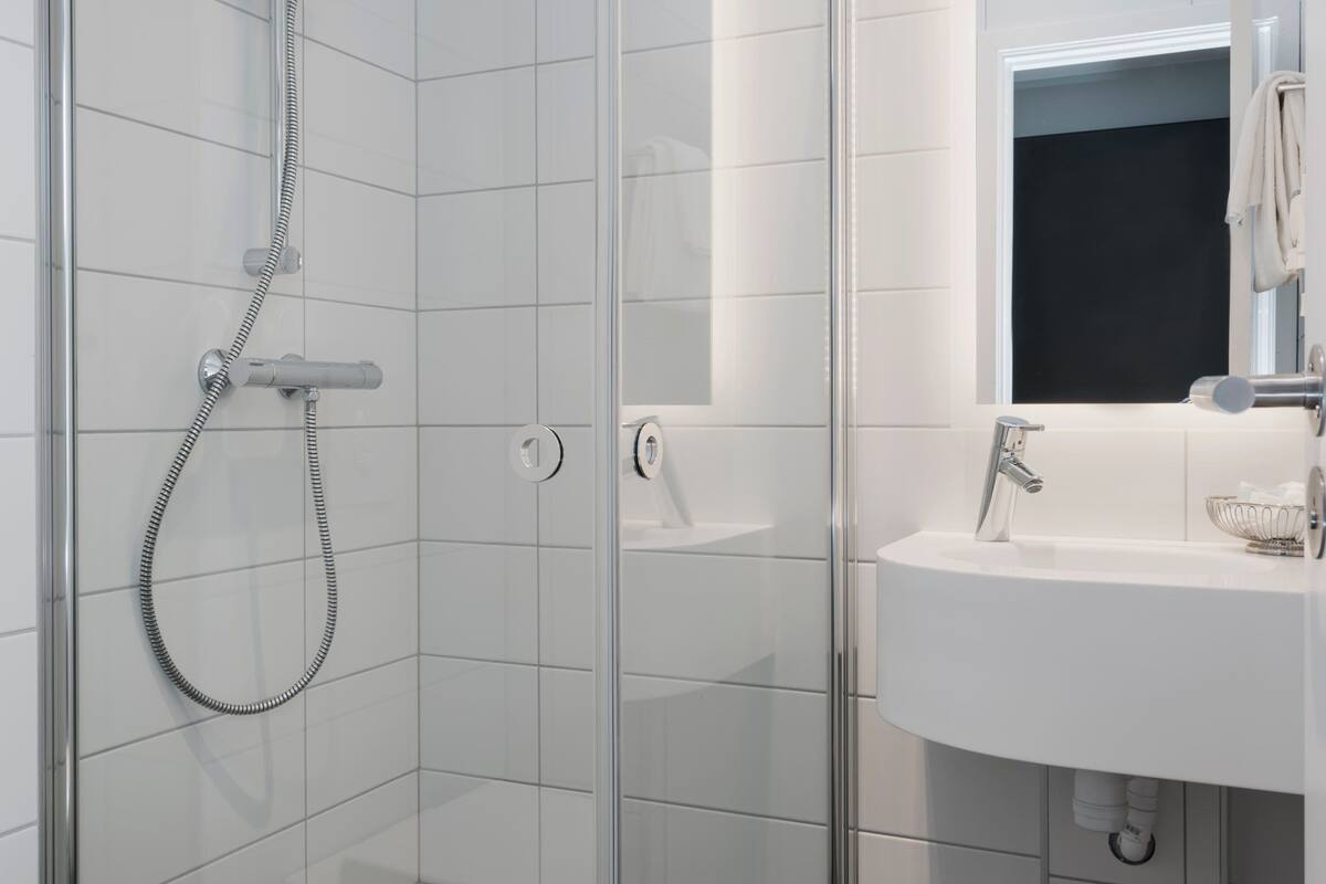 shower, free toiletries, hair dryer, towels