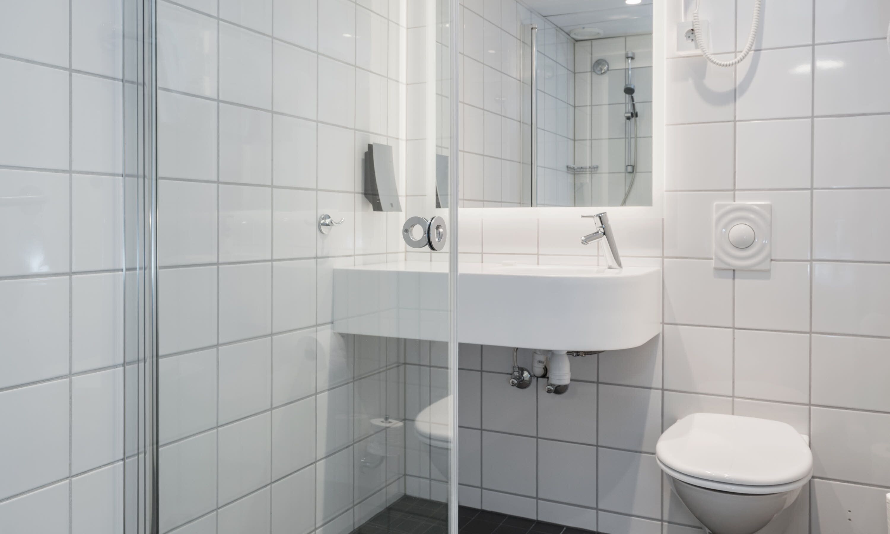 shower, free toiletries, hair dryer, towels