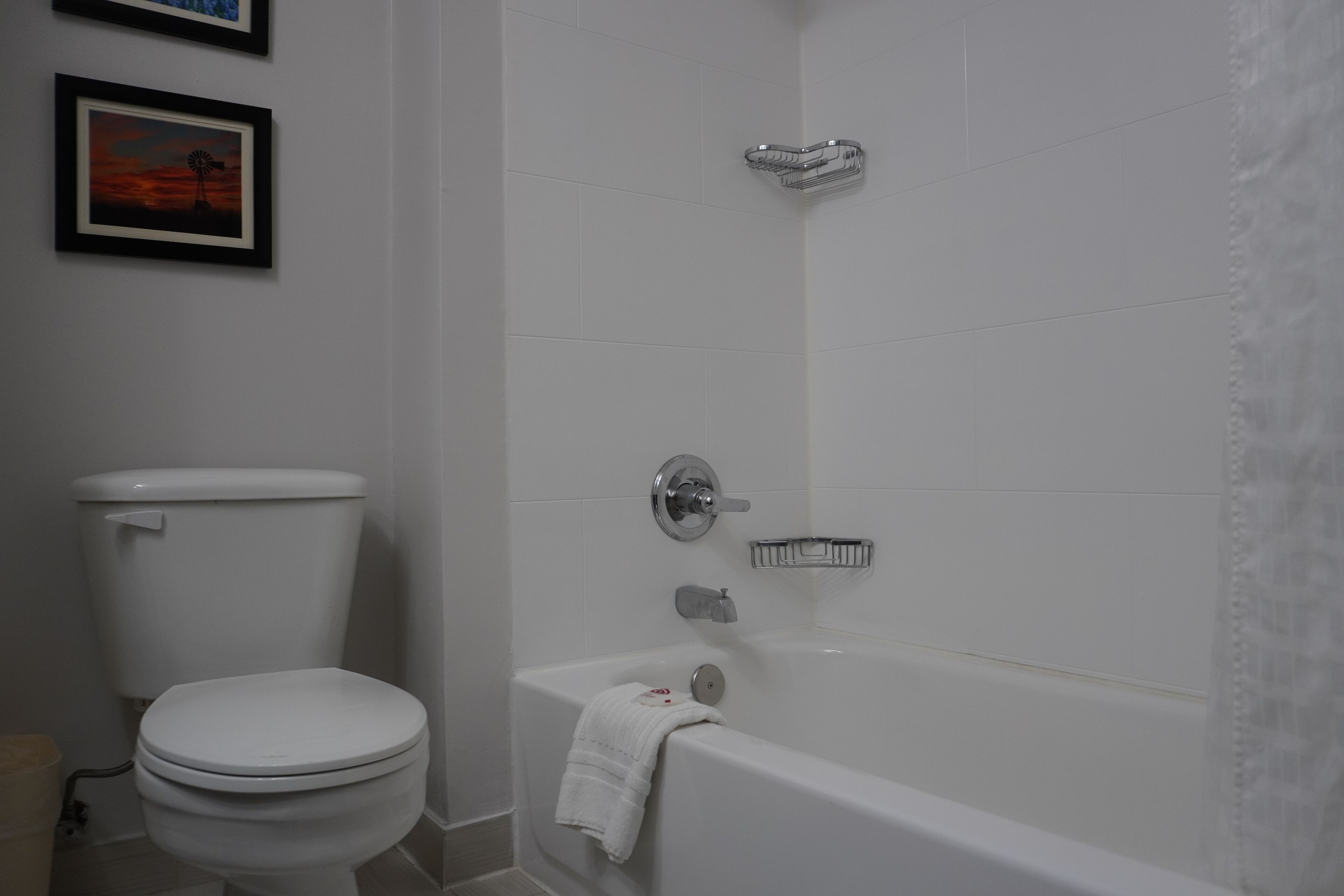Un baño con inodoro, bañera y cortina de ducha.