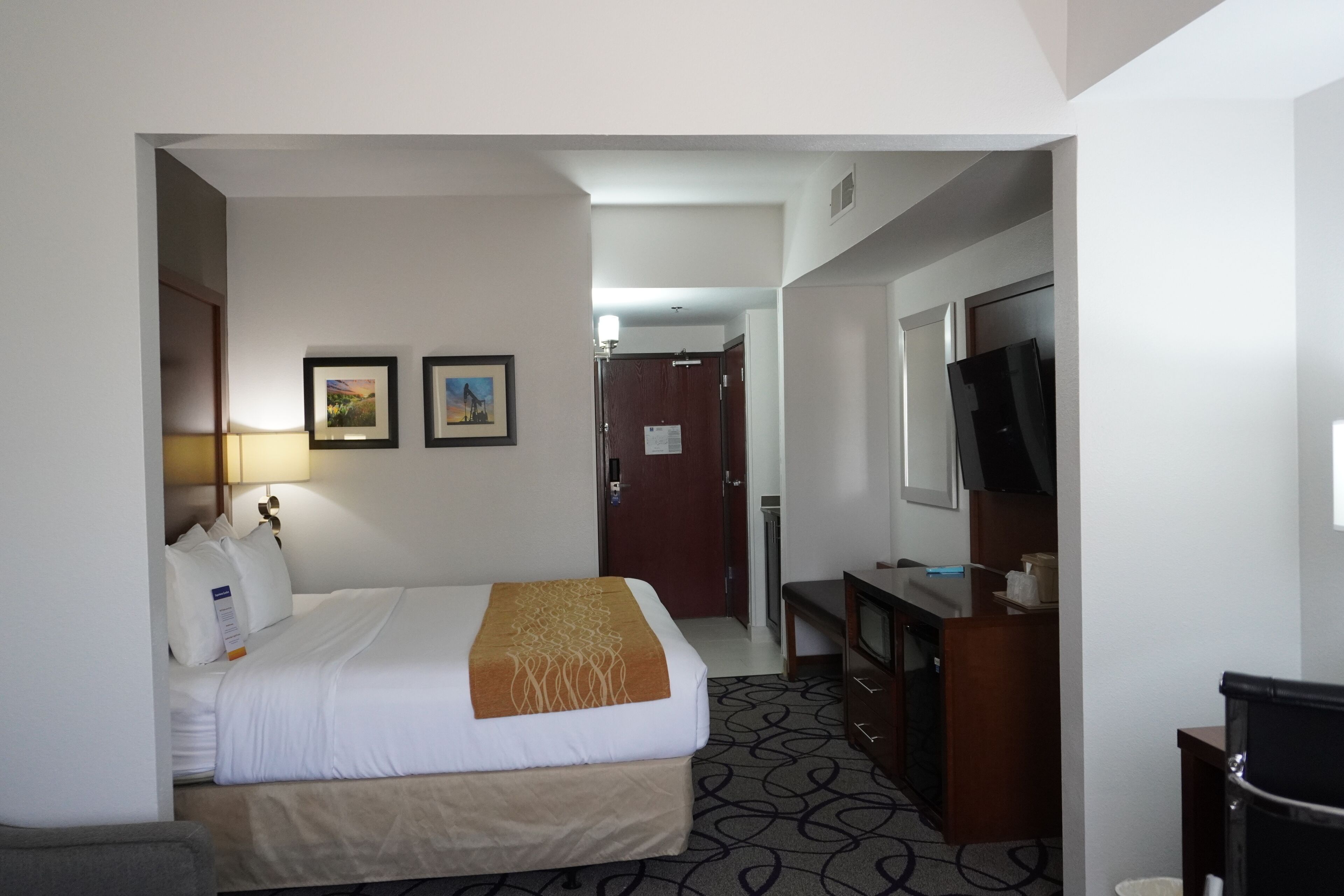Habitación de hotel con una cama, un escritorio, un televisor y dos cuadros en la pared.
