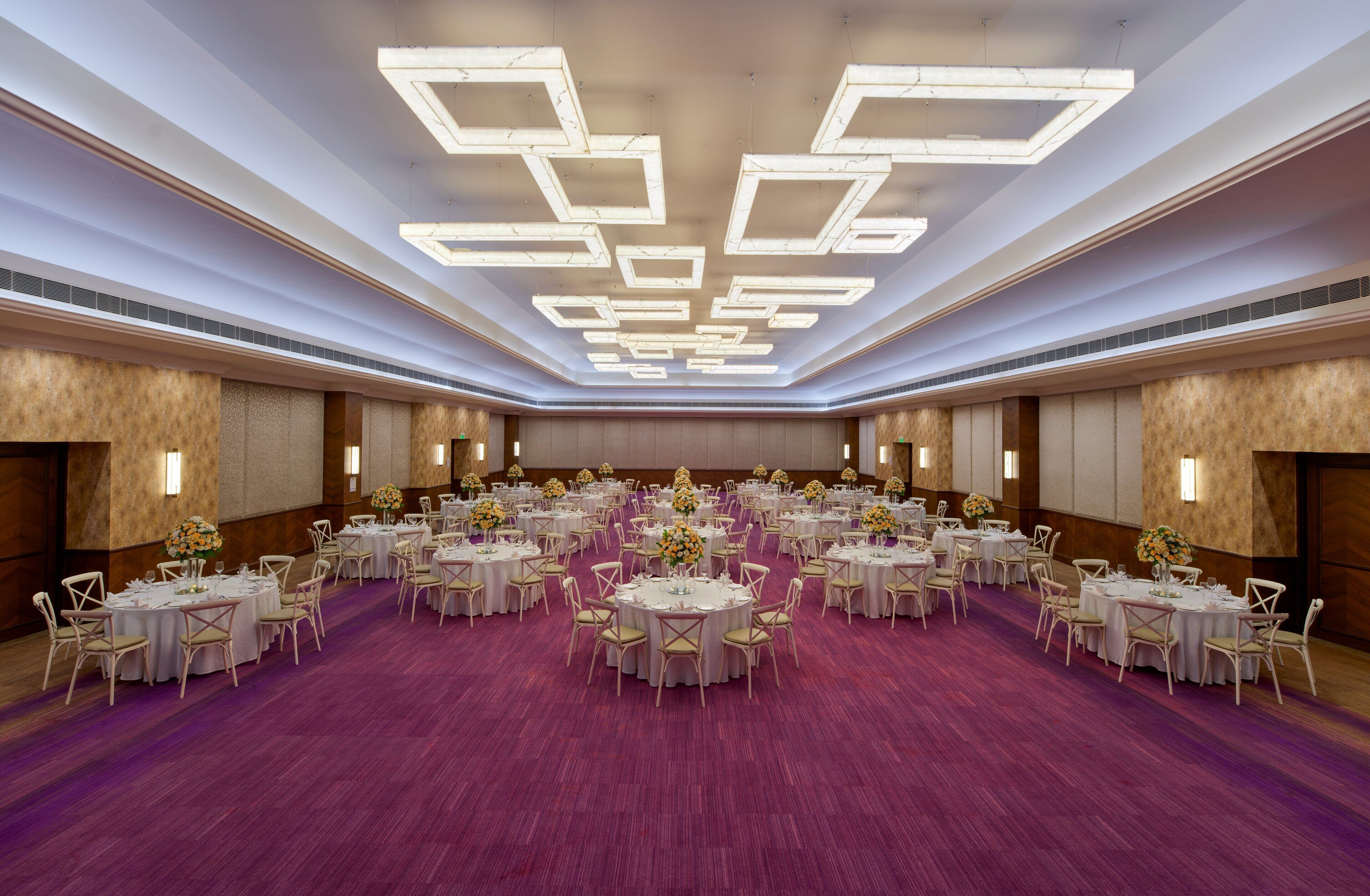 Un amplio salón de banquetes con mesas redondas y sillas dispuestas en filas, y un suelo cubierto de moqueta morada.