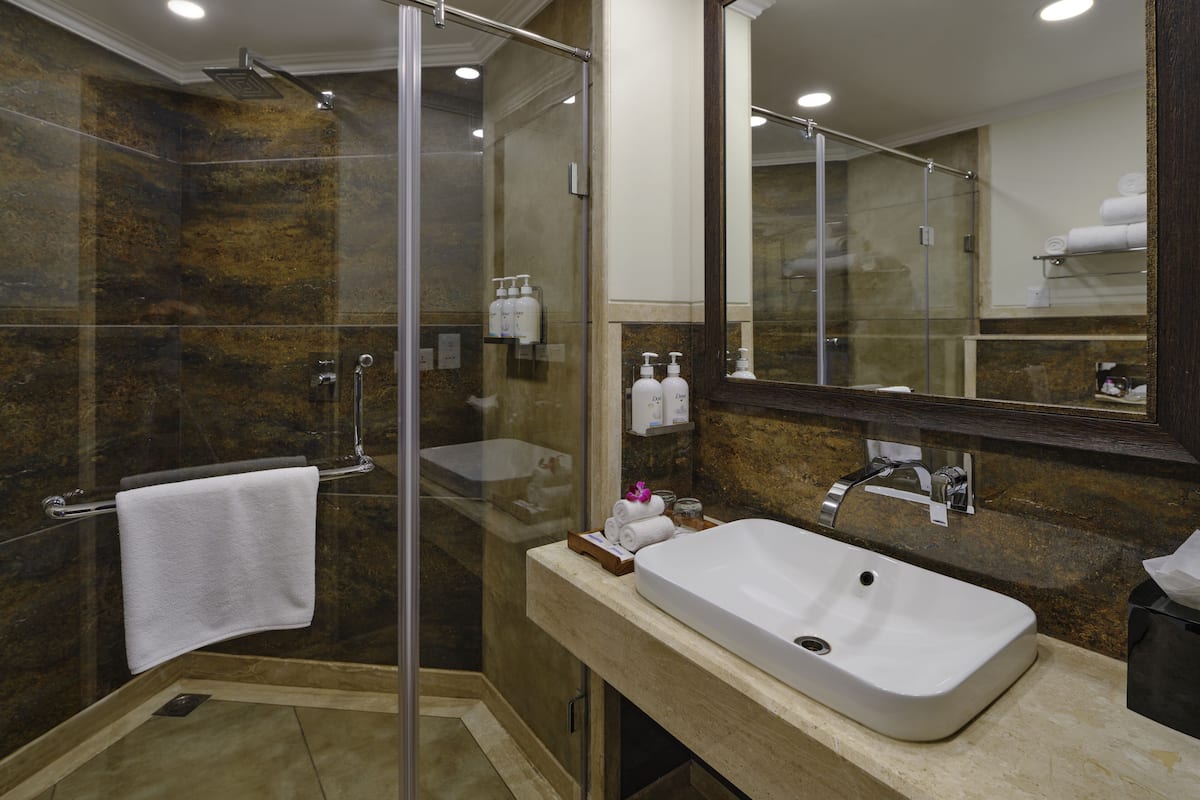 suite, 1 king bed | bathroom | shower, free toiletries, hair dryer, bathrobes