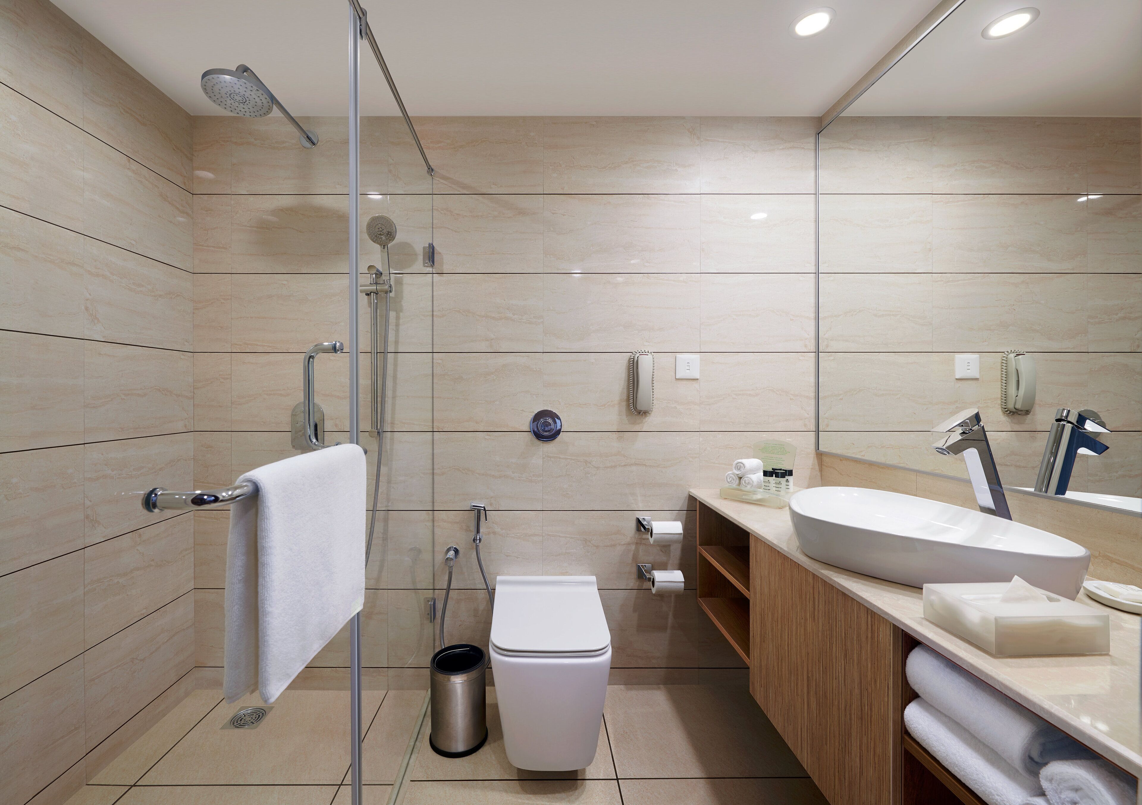 A modern bathroom with a glass shower enclosure, a toilet, a sink, and a vanity with a mirror.