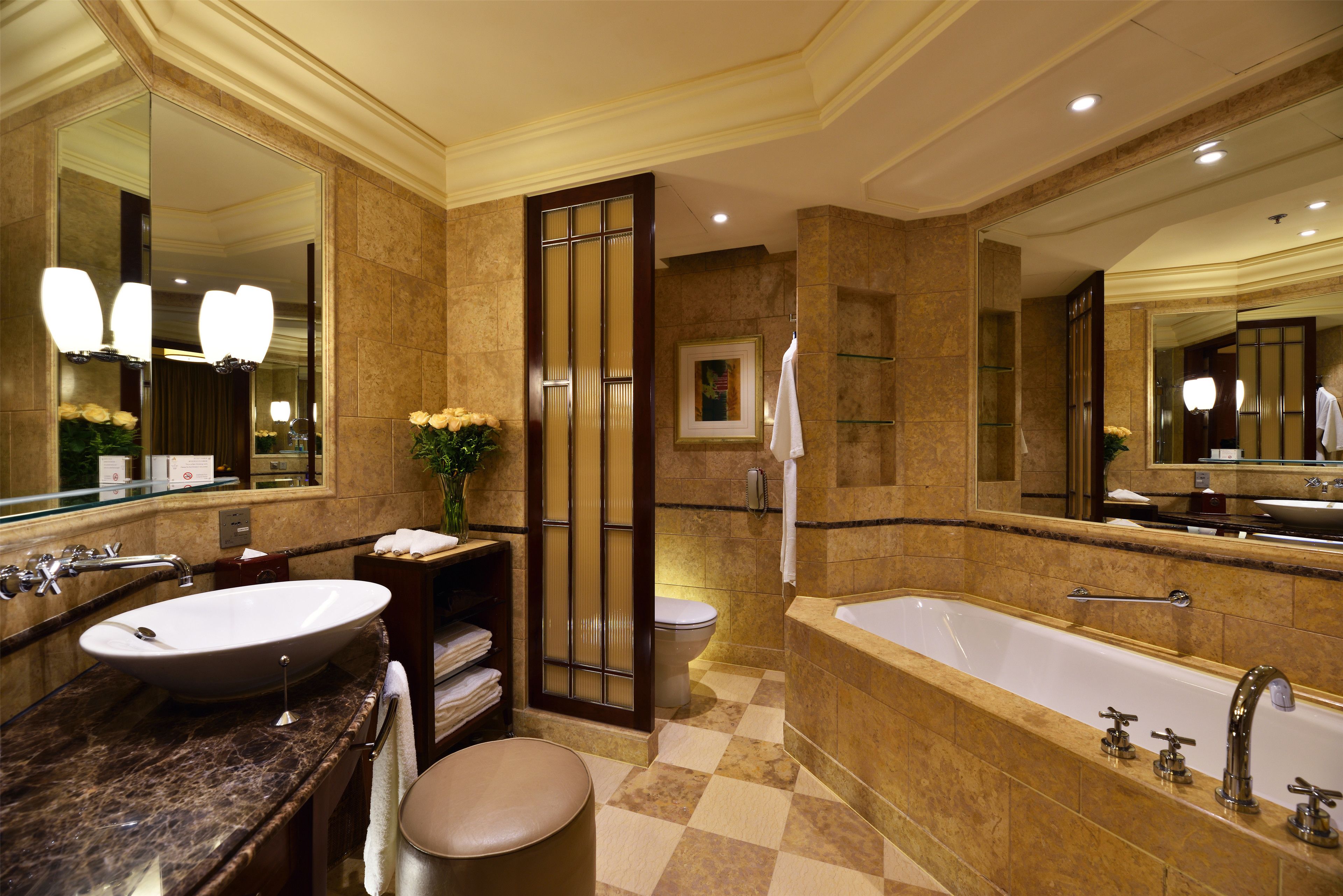 separate bathtub and shower, designer toiletries, hair dryer, bathrobes