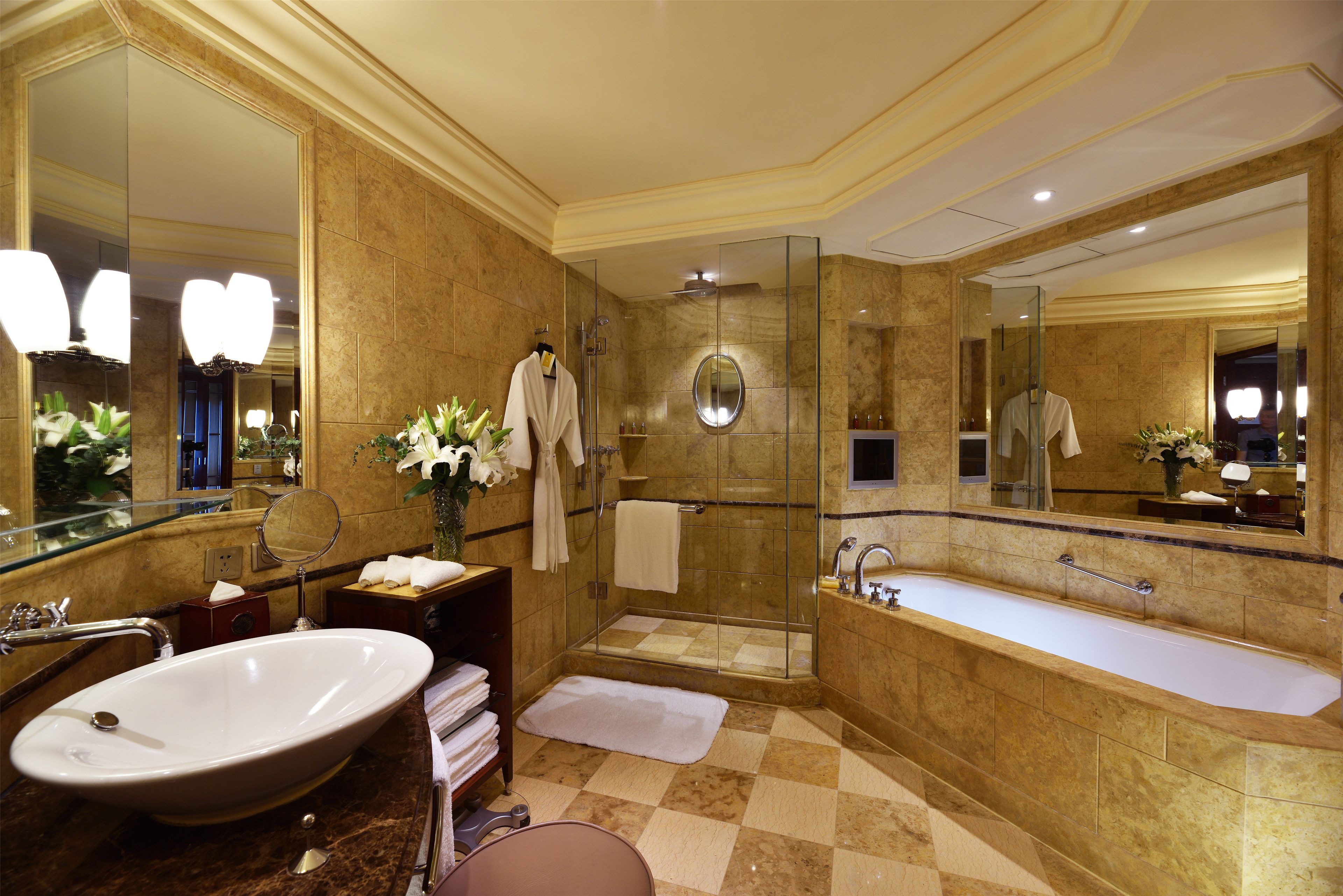 separate bathtub and shower, designer toiletries, hair dryer, bathrobes