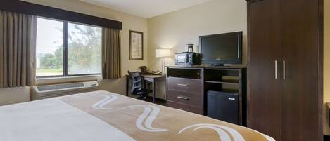 Habitación de hotel con una cama grande, un escritorio con computadora, televisor y armario.