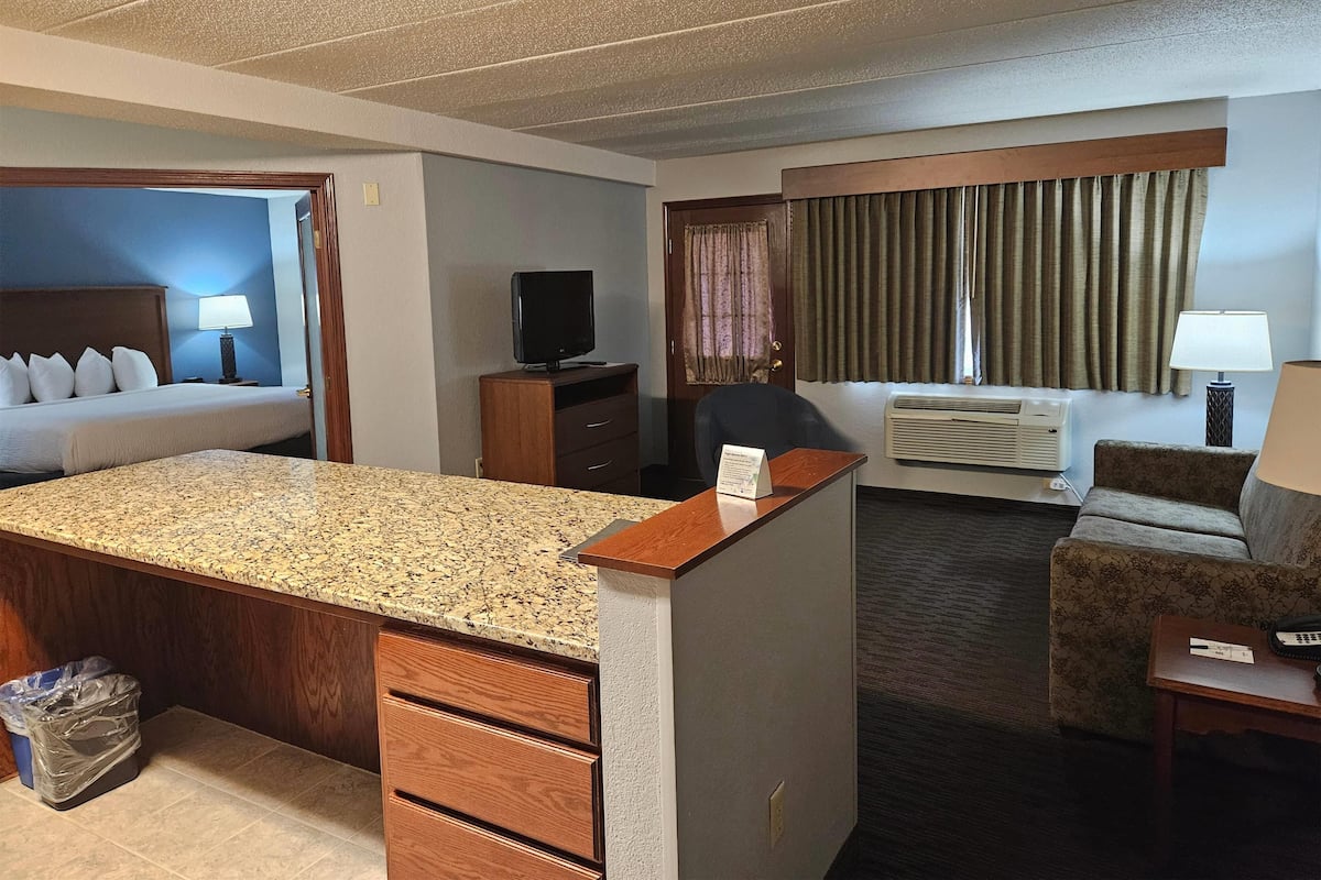 A hotel room with a bed, a desk, a chair, a TV, and a small kitchenette.