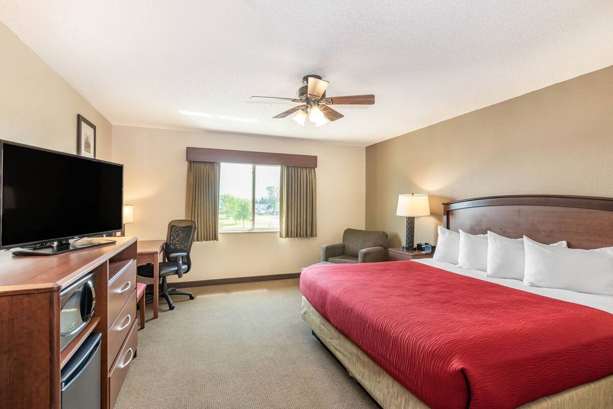 A hotel room with a bed, a desk with a TV, a chair, a lamp, and a ceiling fan.
