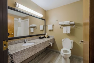 Bañera con ducha, secador de pelo, toallas