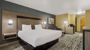 Desk, laptop workspace, blackout curtains, iron/ironing board