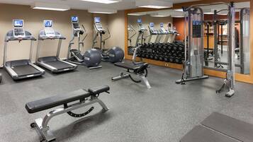 A gym with treadmills, elliptical machines, a bench press, and a squat rack.