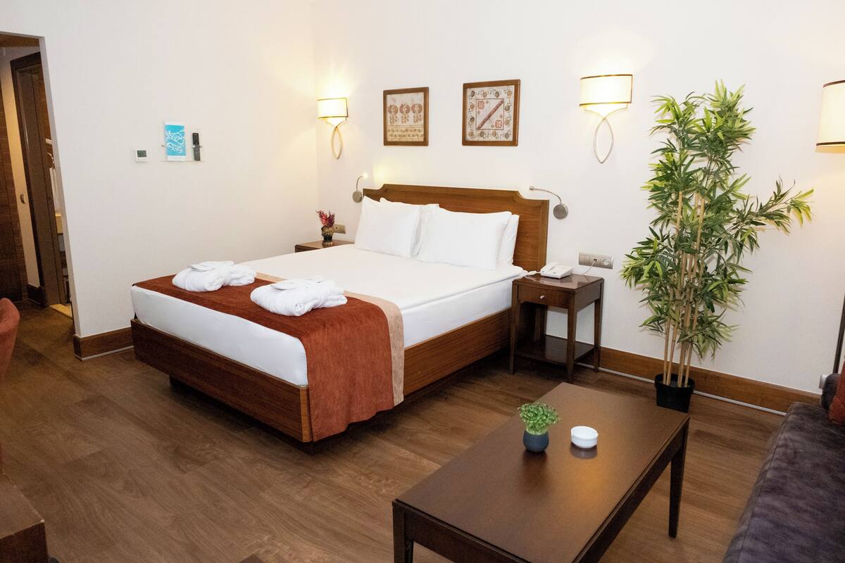 A hotel room with a wooden bed, bedside tables, a small table with a plant, and a couch.