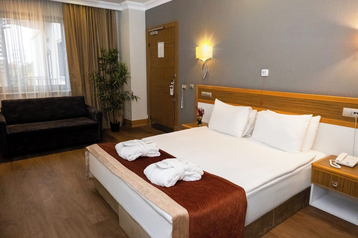 A hotel room with a bed, a bedside table with a phone, a sofa, a potted plant, and a door.