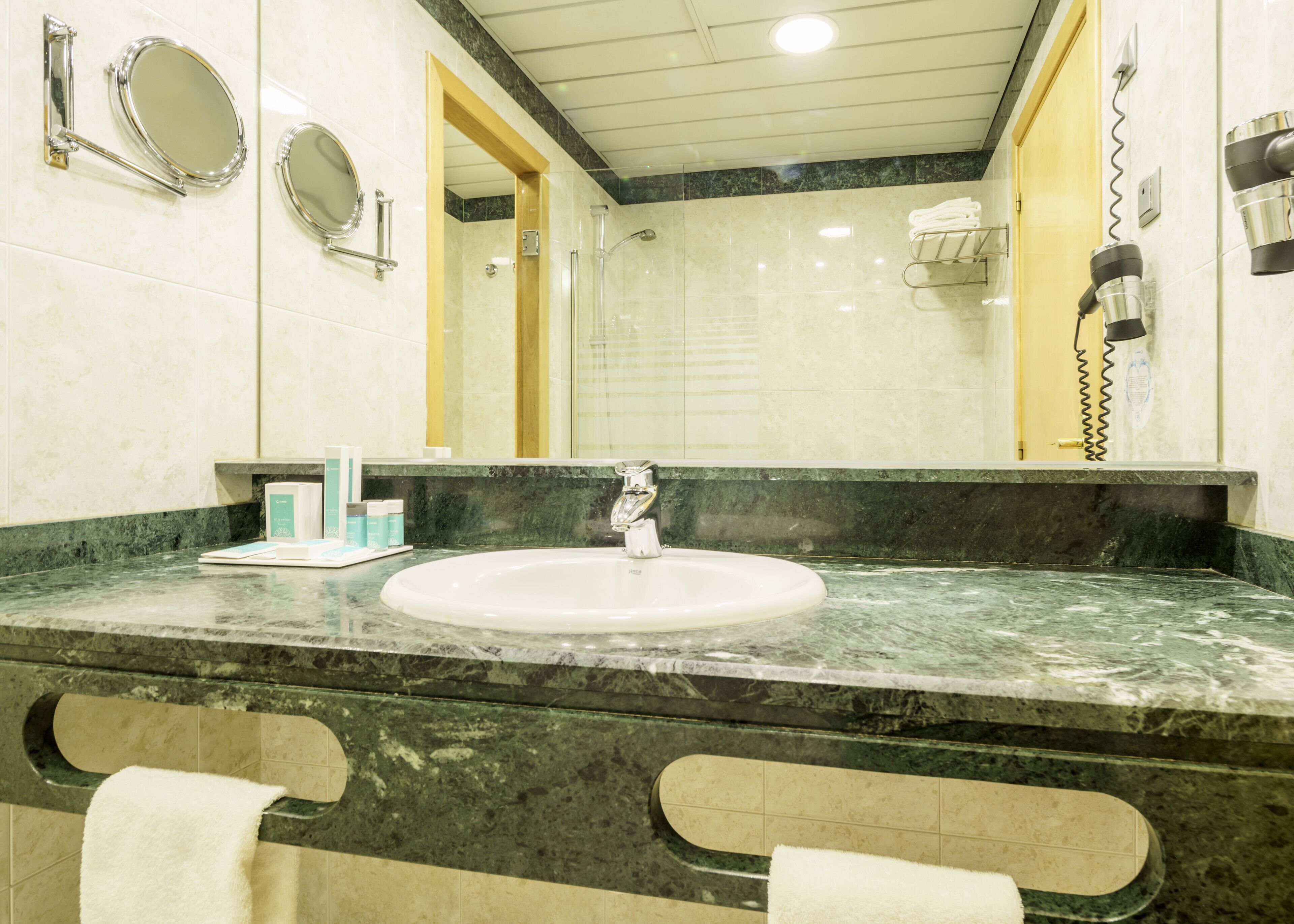 eco-friendly toiletries, hair dryer, bidet, towels