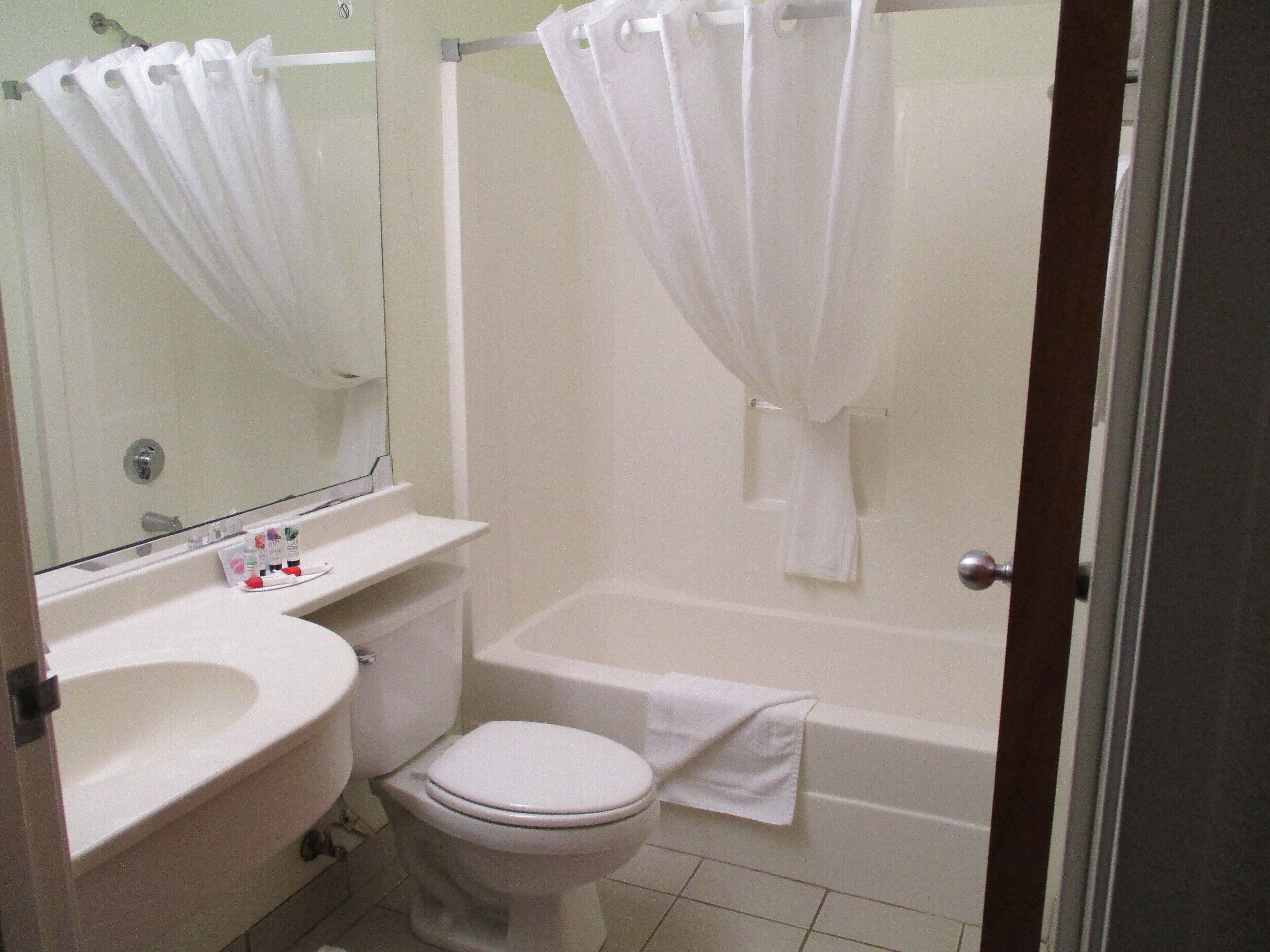combined shower/bathtub, free toiletries, hair dryer, towels