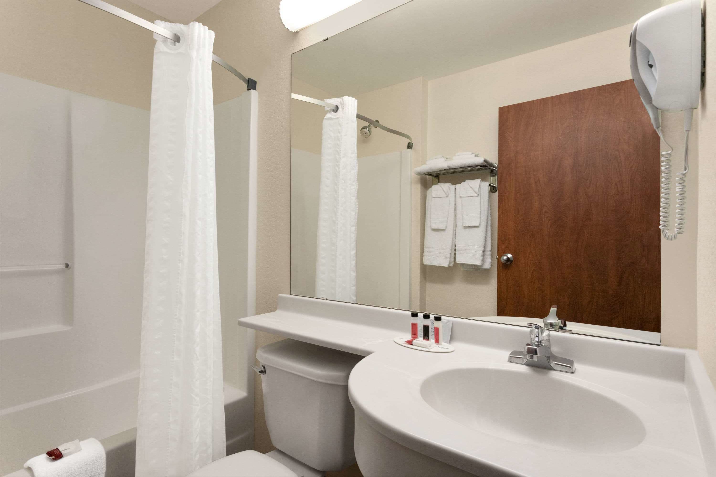 combined shower/bathtub, free toiletries, hair dryer, towels
